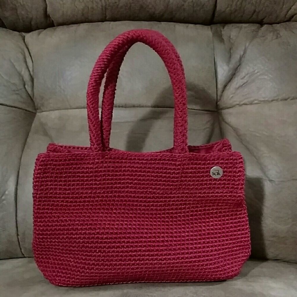 SAK Red Woven Satchel Bag Red Nylon Fob and Key Clasp